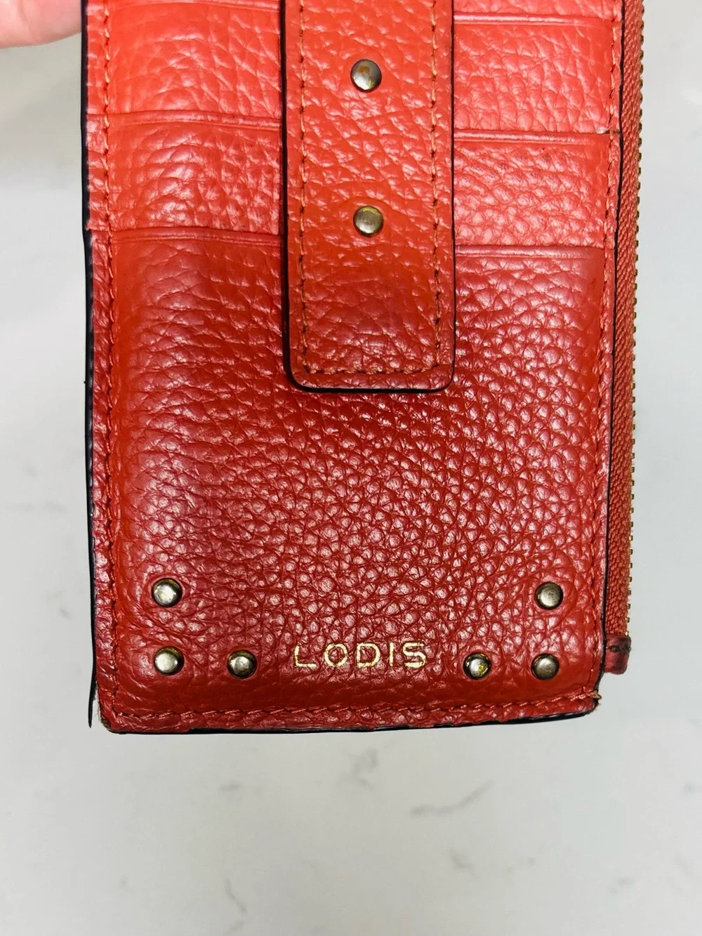 Lodis Red Leather Zip Wallet Slim Card Holder Organizer Gold Logo