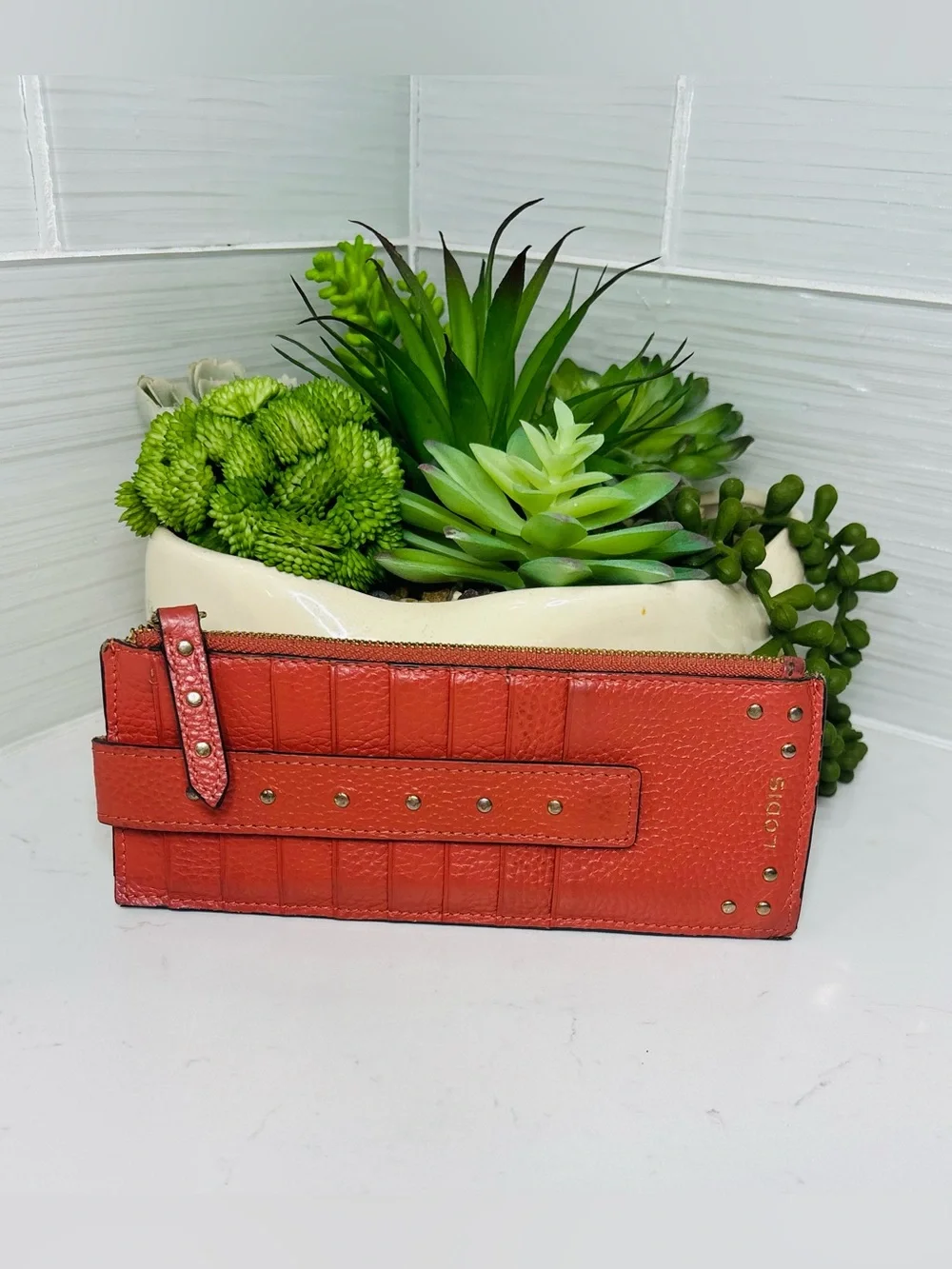 Lodis Red Leather Zip Wallet Slim Card Holder Organizer Gold Logo