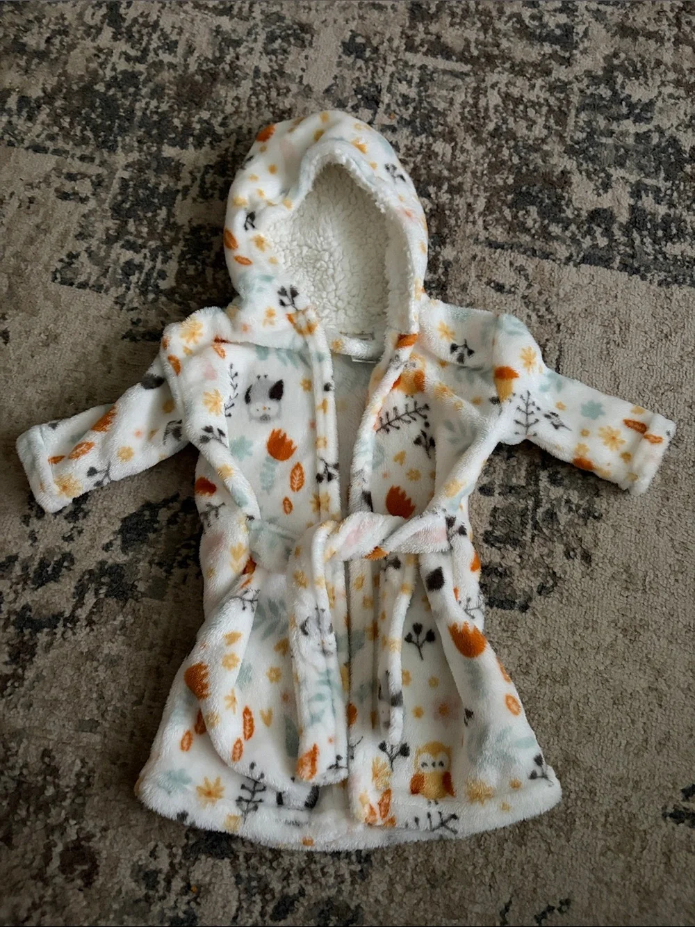 Plush Hooded Kids Bathrobe - White with Orange & Mint Woodland Print
