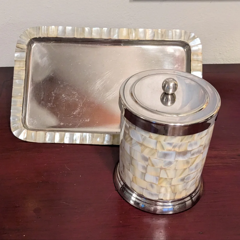 Pier One 2 Pc Mother Of Pearl Chrome Shiny Bath Accessories Lidded Canister Tray