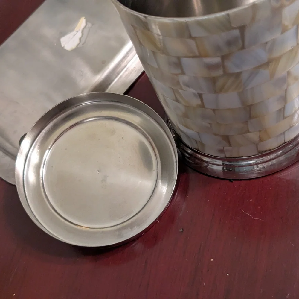 Pier One 2 Pc Mother Of Pearl Chrome Shiny Bath Accessories Lidded Canister Tray