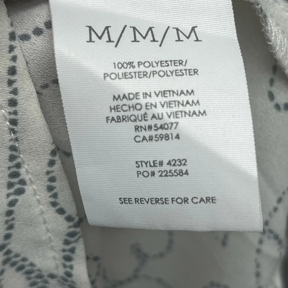 CAbi White Gray Abstract Ribbon Button Blouse