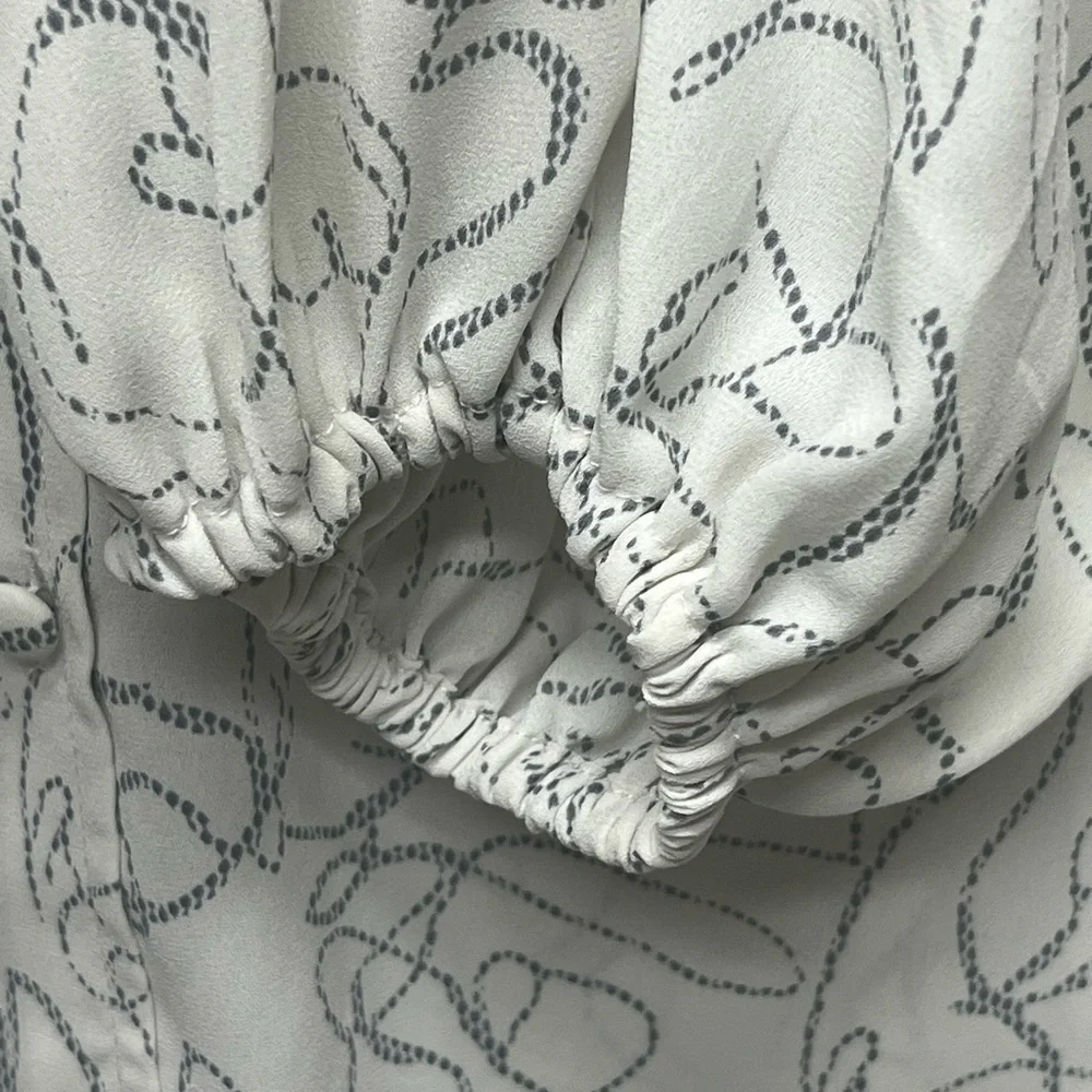 CAbi White Gray Abstract Ribbon Button Blouse
