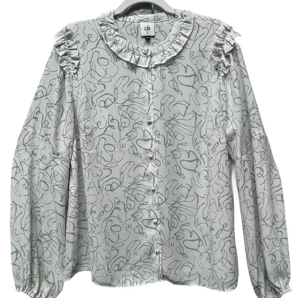 CAbi White Gray Abstract Ribbon Button Blouse