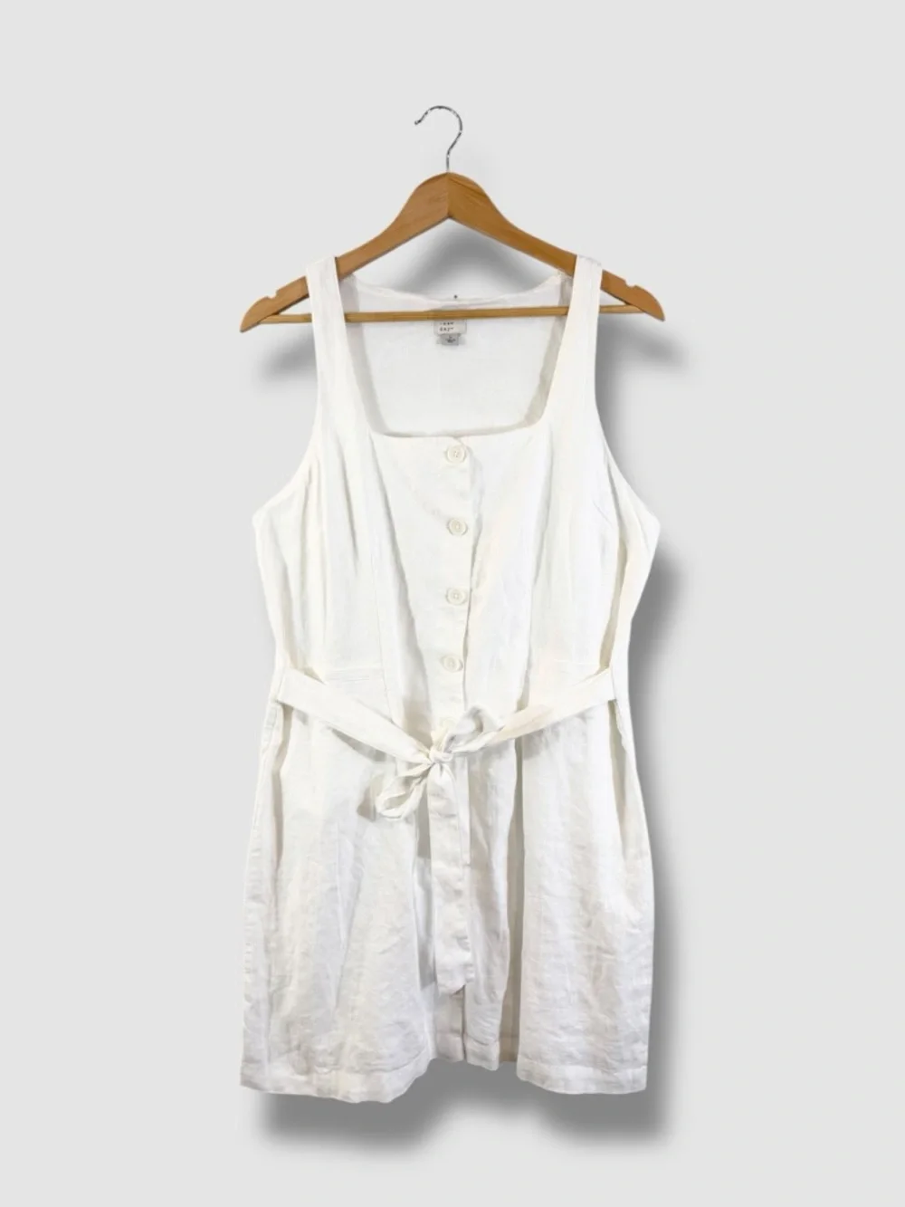 A New Day White Linen Dress Size L Sleeveless Belted Button Front Summer Casual
