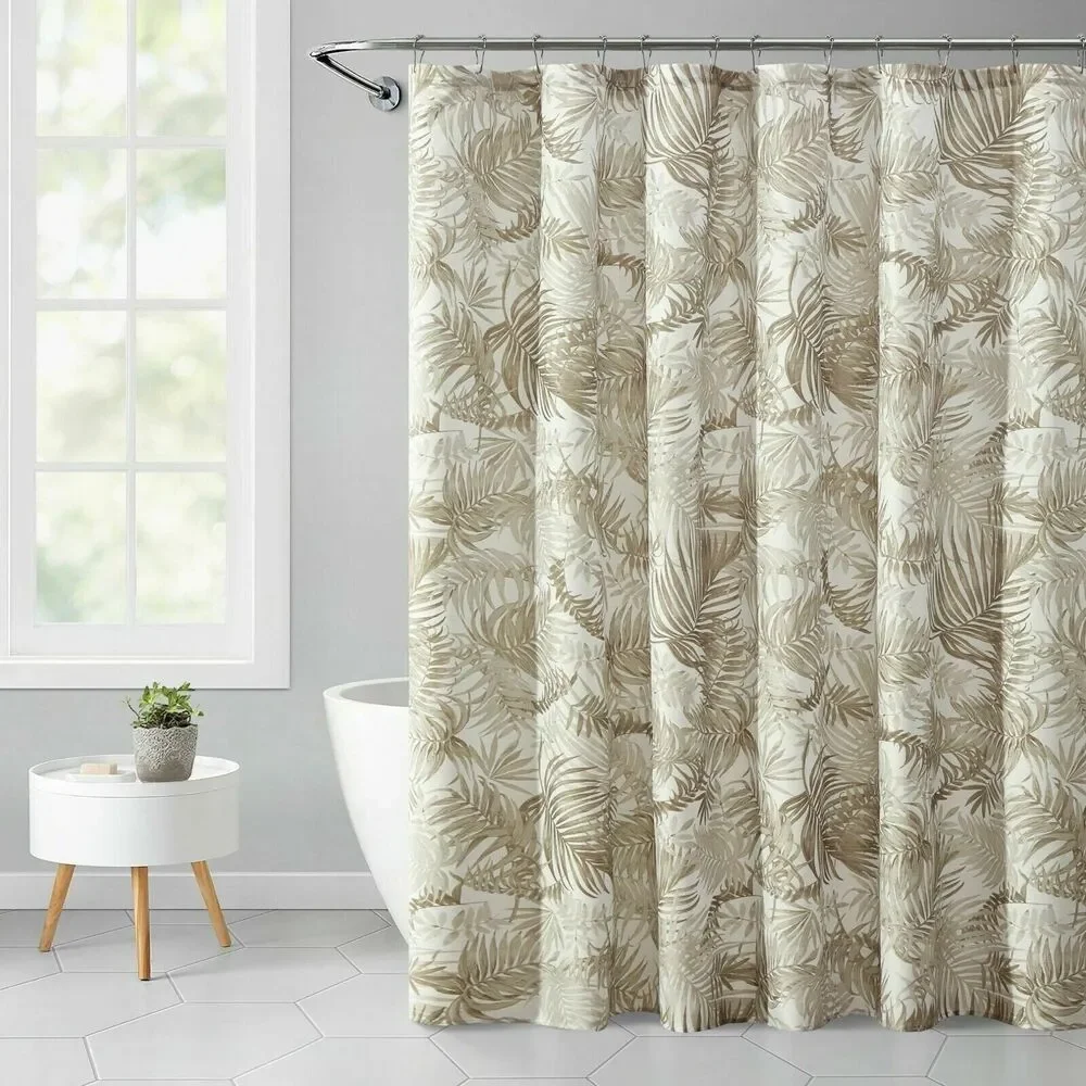 Tropical Palm Leaf Shower Curtain Brown Taupe White Ribbed Fabric 72-in sq. NEW