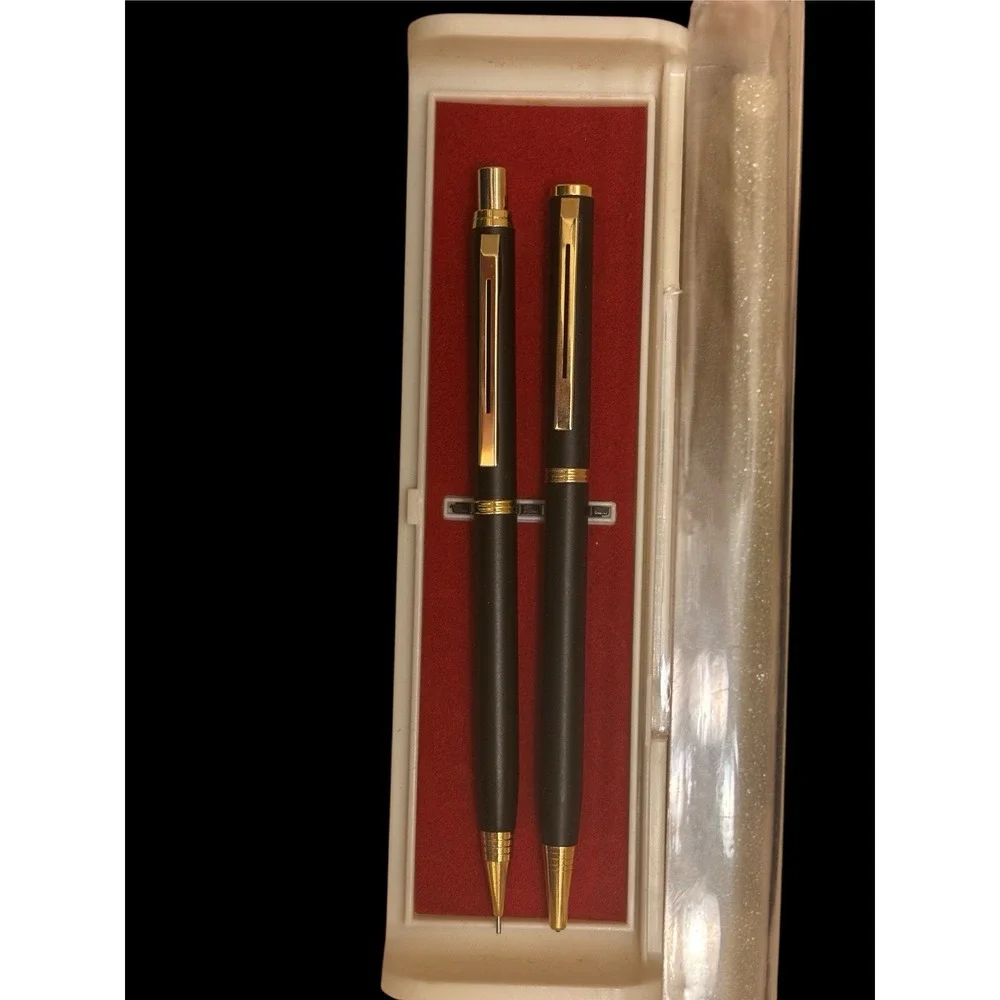 Metal Ballpoint pen Mechanical Pencil Set Black Body Gold‎ Trim Vintage in Box