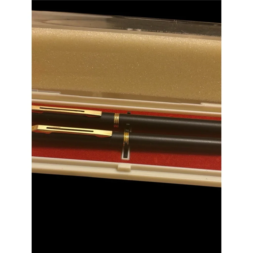 Metal Ballpoint pen Mechanical Pencil Set Black Body Gold‎ Trim Vintage in Box