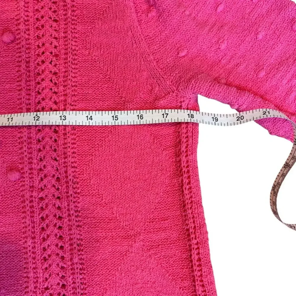 J. CREW Women's Short Sleeve Pointelle Sweater LARGE Pink Bobble Pom Open Knit