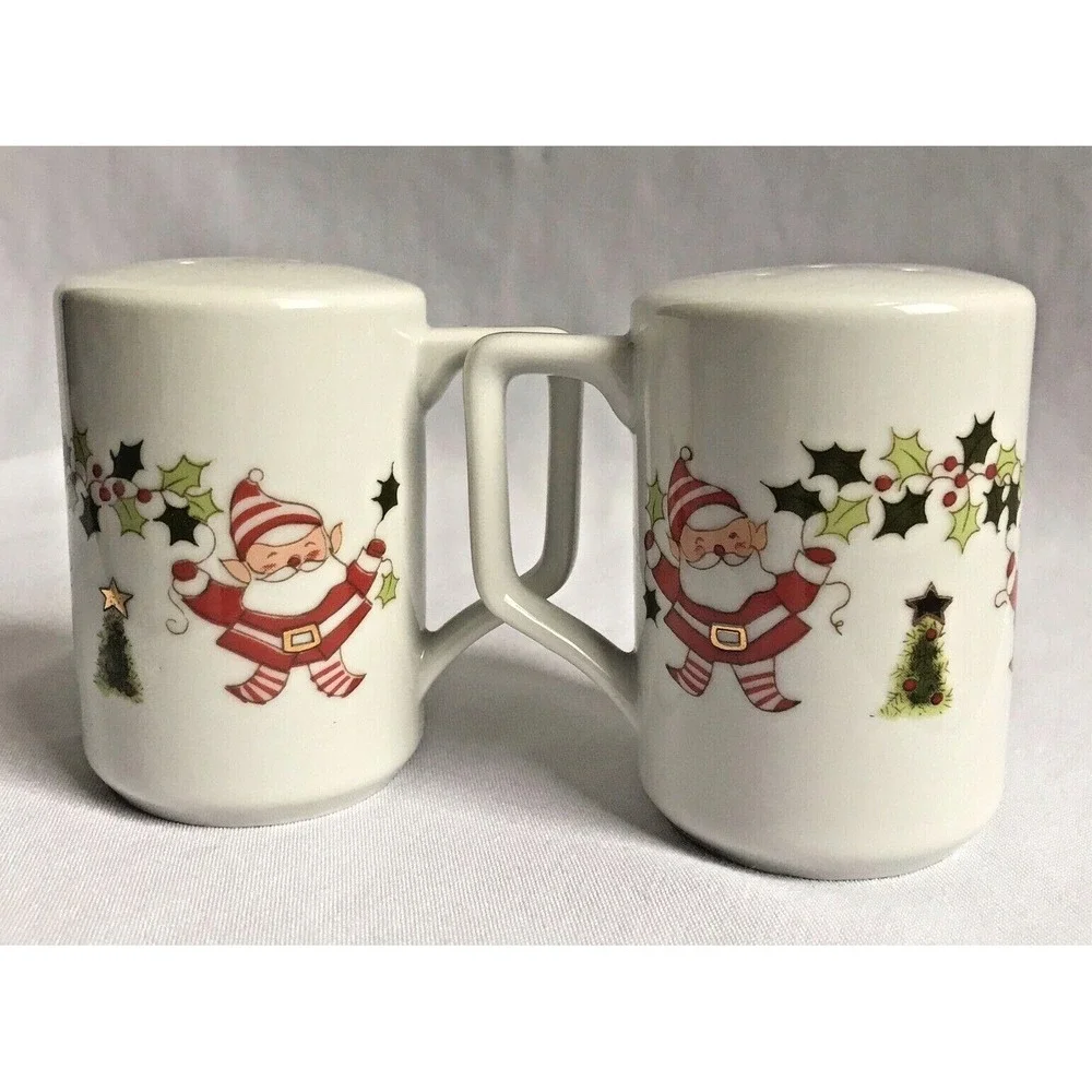 Santa Elf Salt and Pepper Shakers Japan MCM with handles Porcelain Christmas EUC