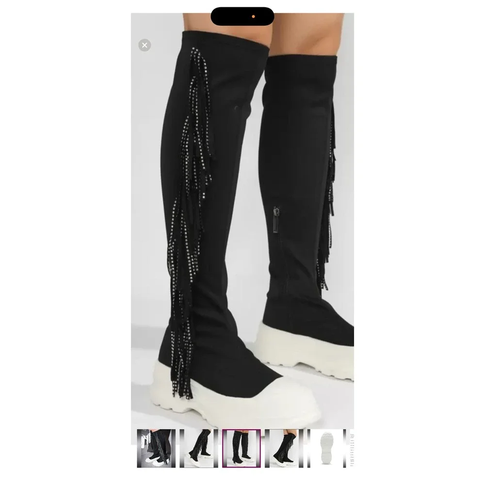 Cape Robbin Black Rhinestone Fringe Platform Knee High Boots 6 goth grunge‎