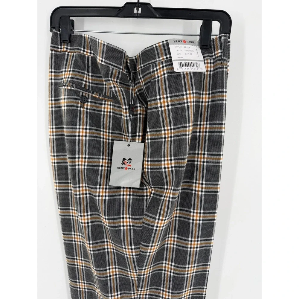 Kent‎ & Park Mens Charcoal Plaid Dress Pants Wool Touch Flat Front PL124 50x32