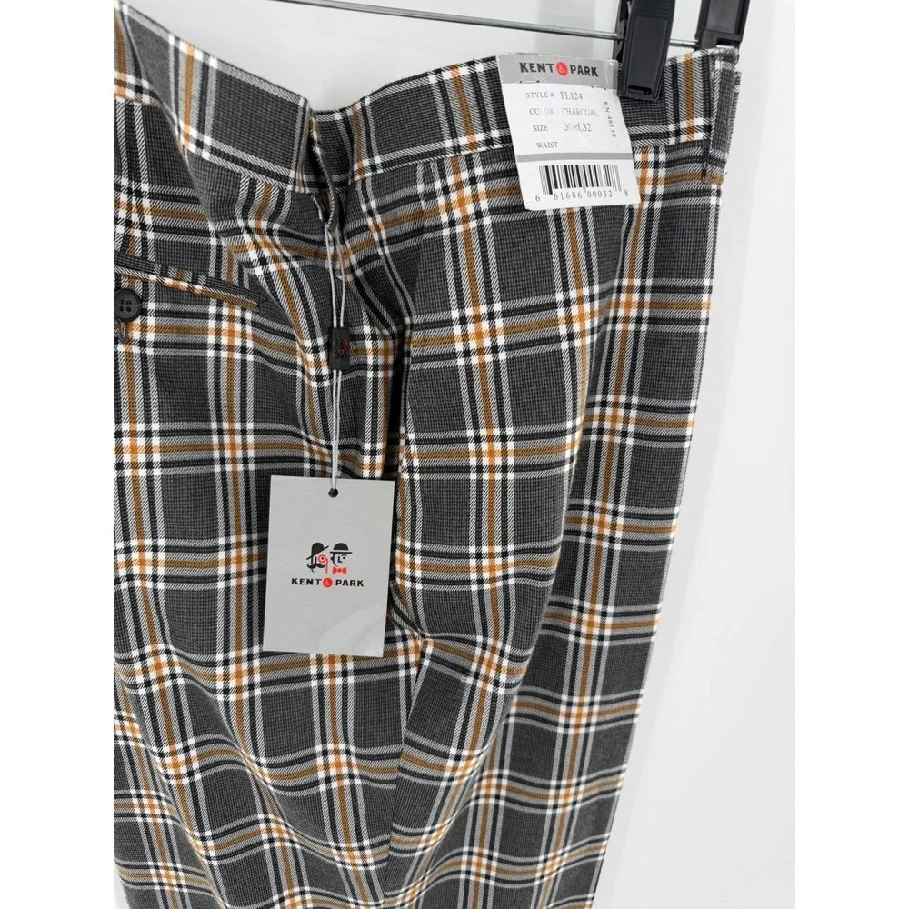 Kent‎ & Park Mens Charcoal Plaid Dress Pants Wool Touch Flat Front PL124 50x32