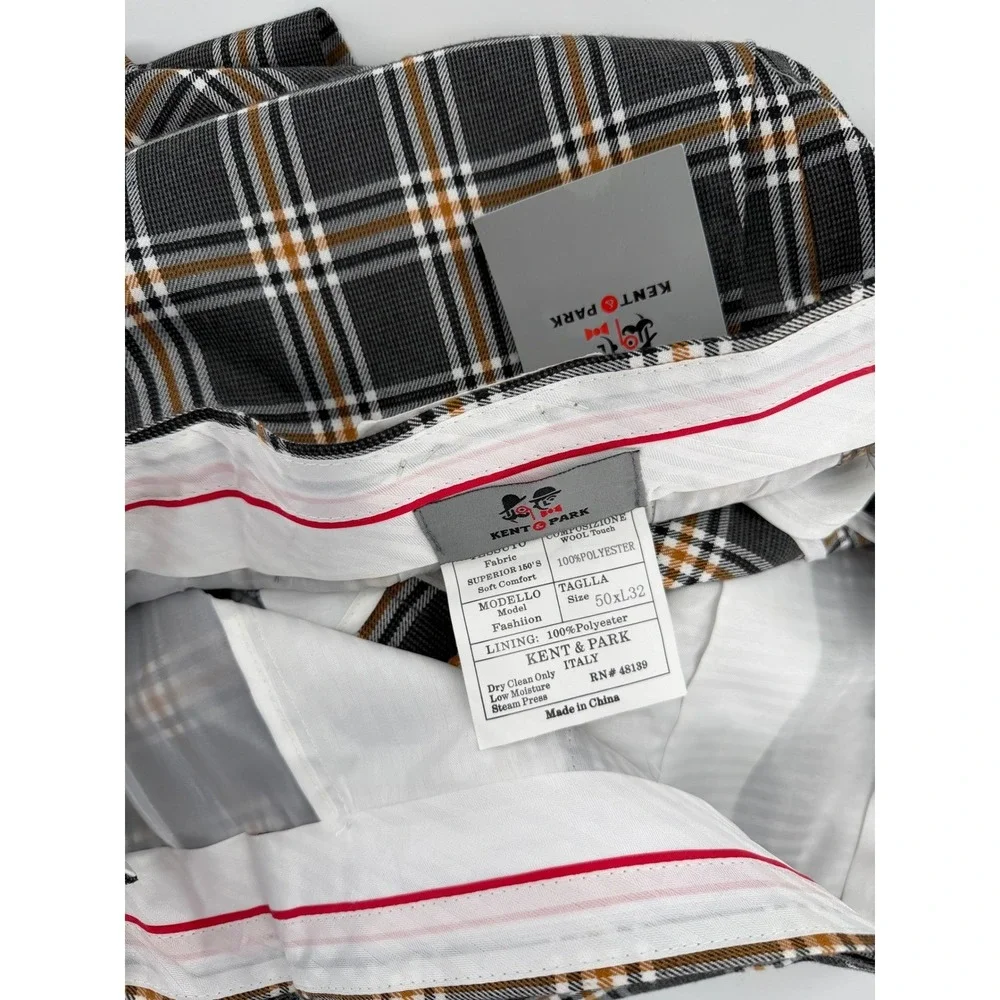 Kent‎ & Park Mens Charcoal Plaid Dress Pants Wool Touch Flat Front PL124 50x32