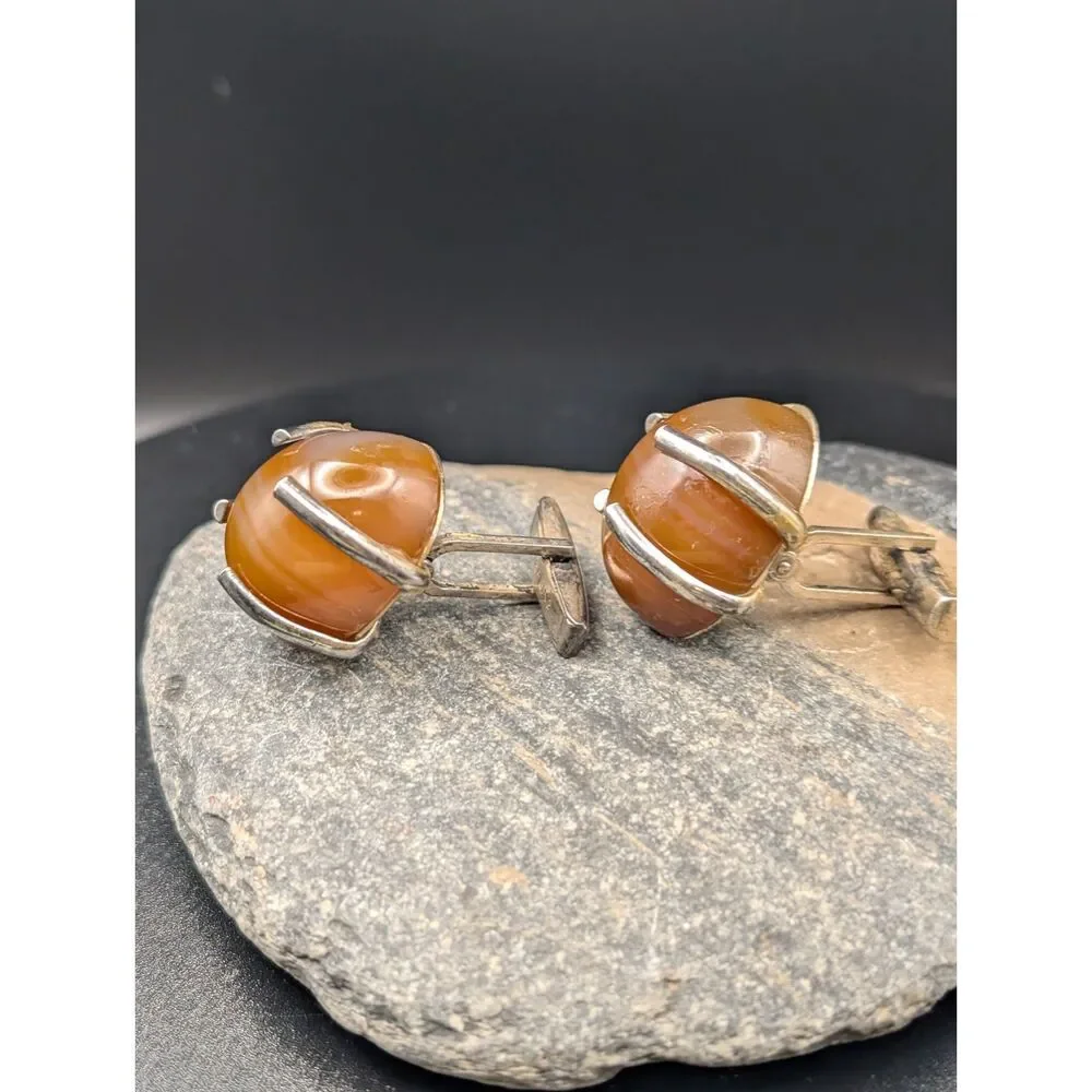 Vintage Sterling Cufflinks • Carnelian Cabochons • Classic Men’s Accessory • UMM