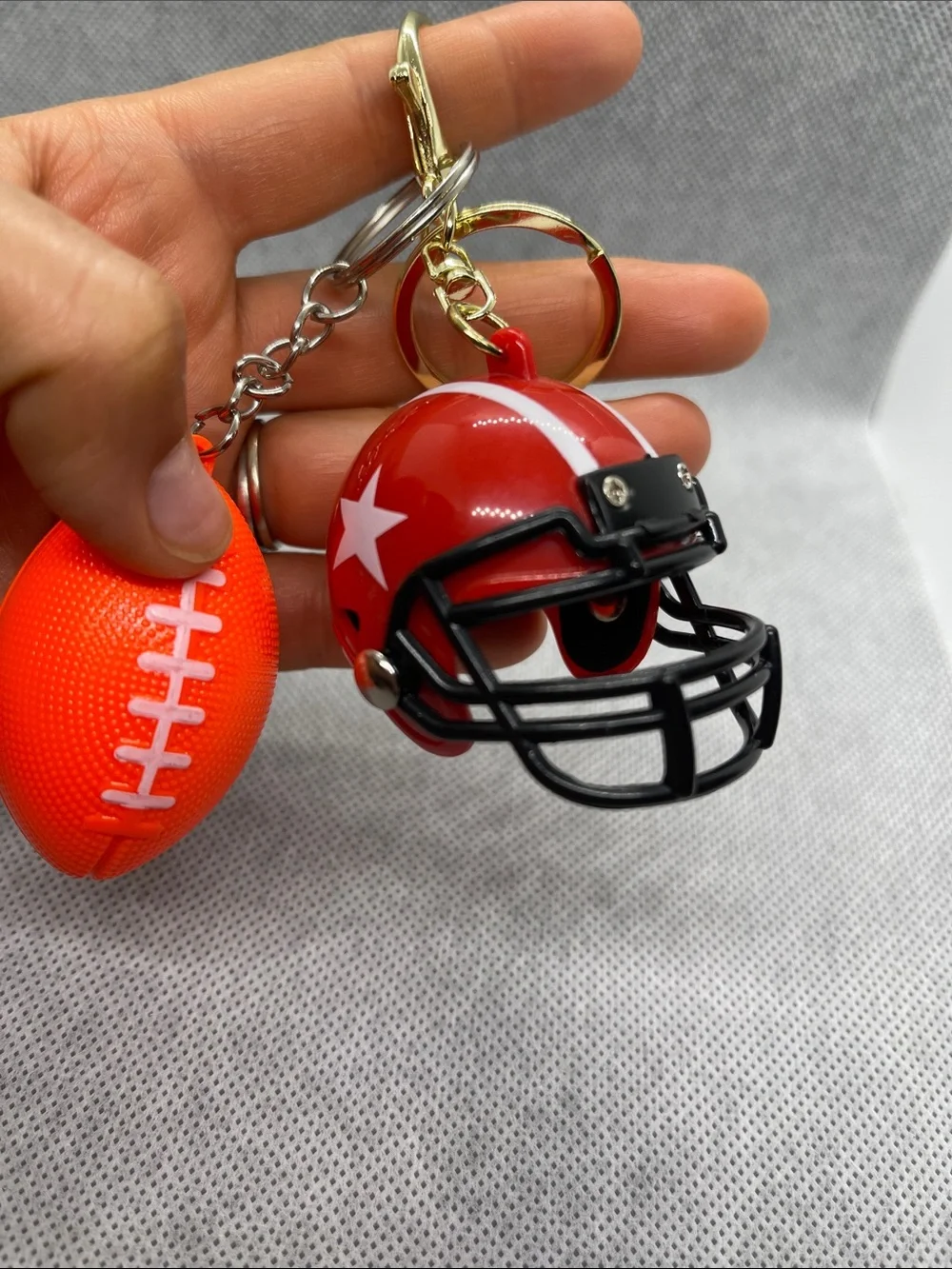 Football Helmet & Mini Football Keychain - Red & Bright Orange