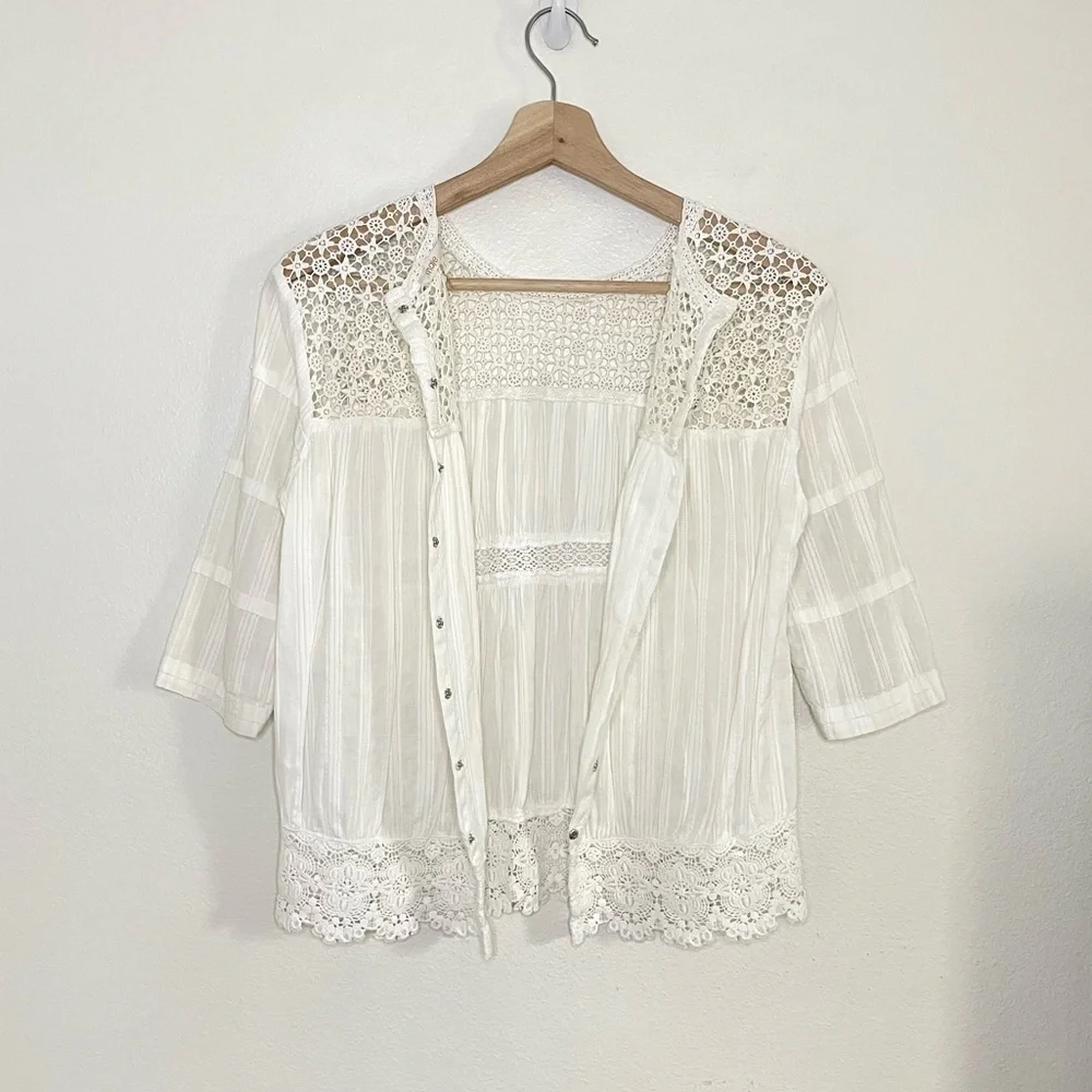 Maje Crochet Lace Yoke Button Back Cotton Top Ivory Small