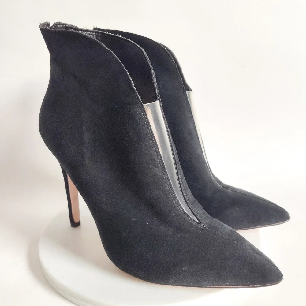Jessica‎ Simpson Ankle Boots 7 Black Suede PVC V-Cut Stiletto Heel Piercie Sexy