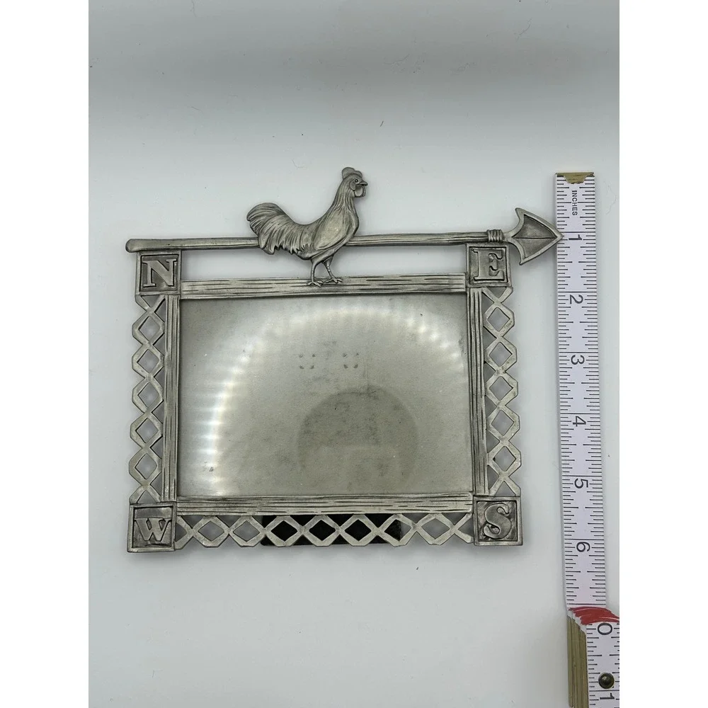 Vintage Rooster Weathervane Picture Frame Pewter Metal Farmhouse Decor 3.5x5