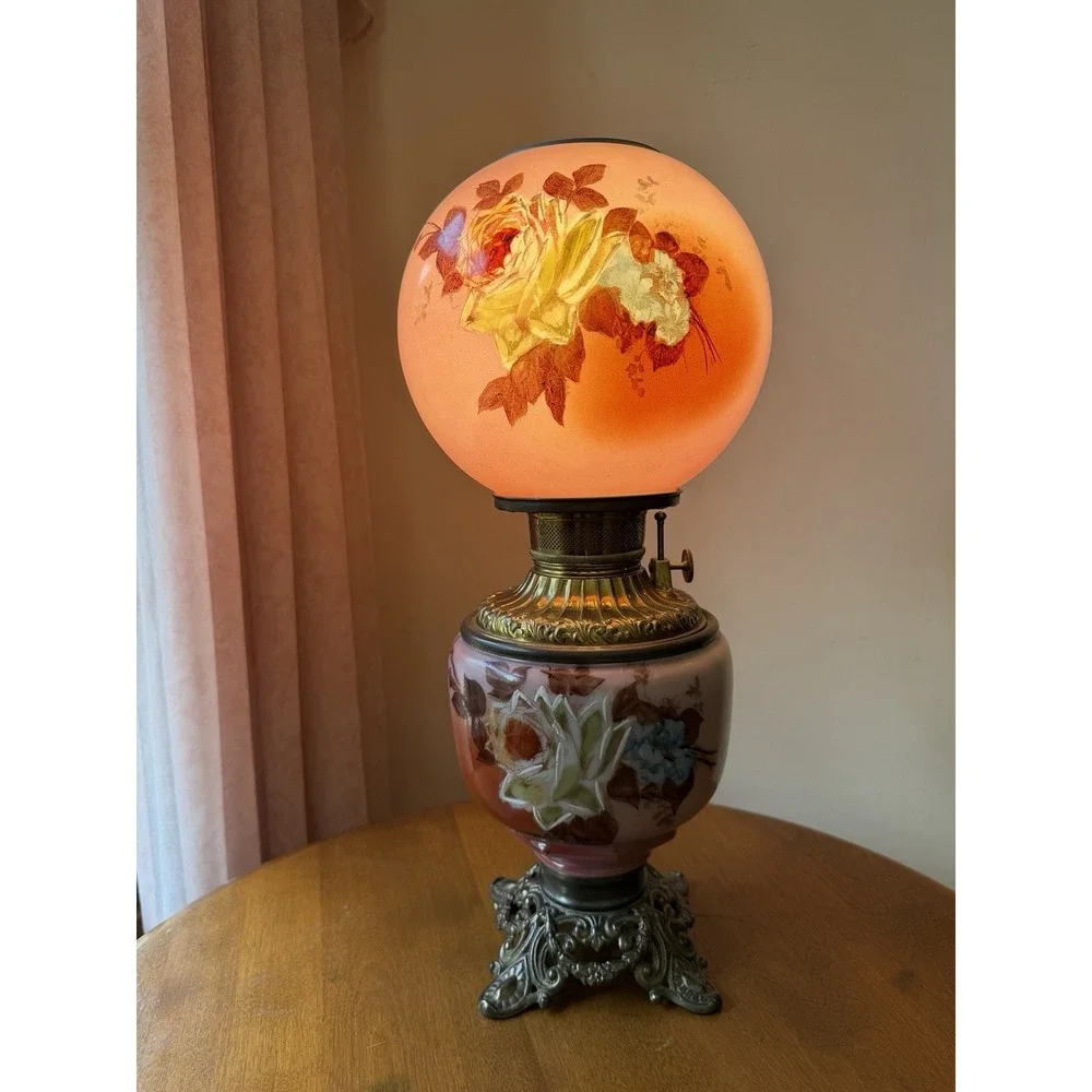 Antique GONE WITH THE WIND Lamp Electrified Oil Lamp Painted ROSES 24