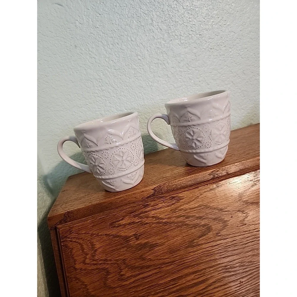 (2) Pier 1 Stoneware Coffee Mugs Hand Painted Chateau Clair Ivory-White Embossed