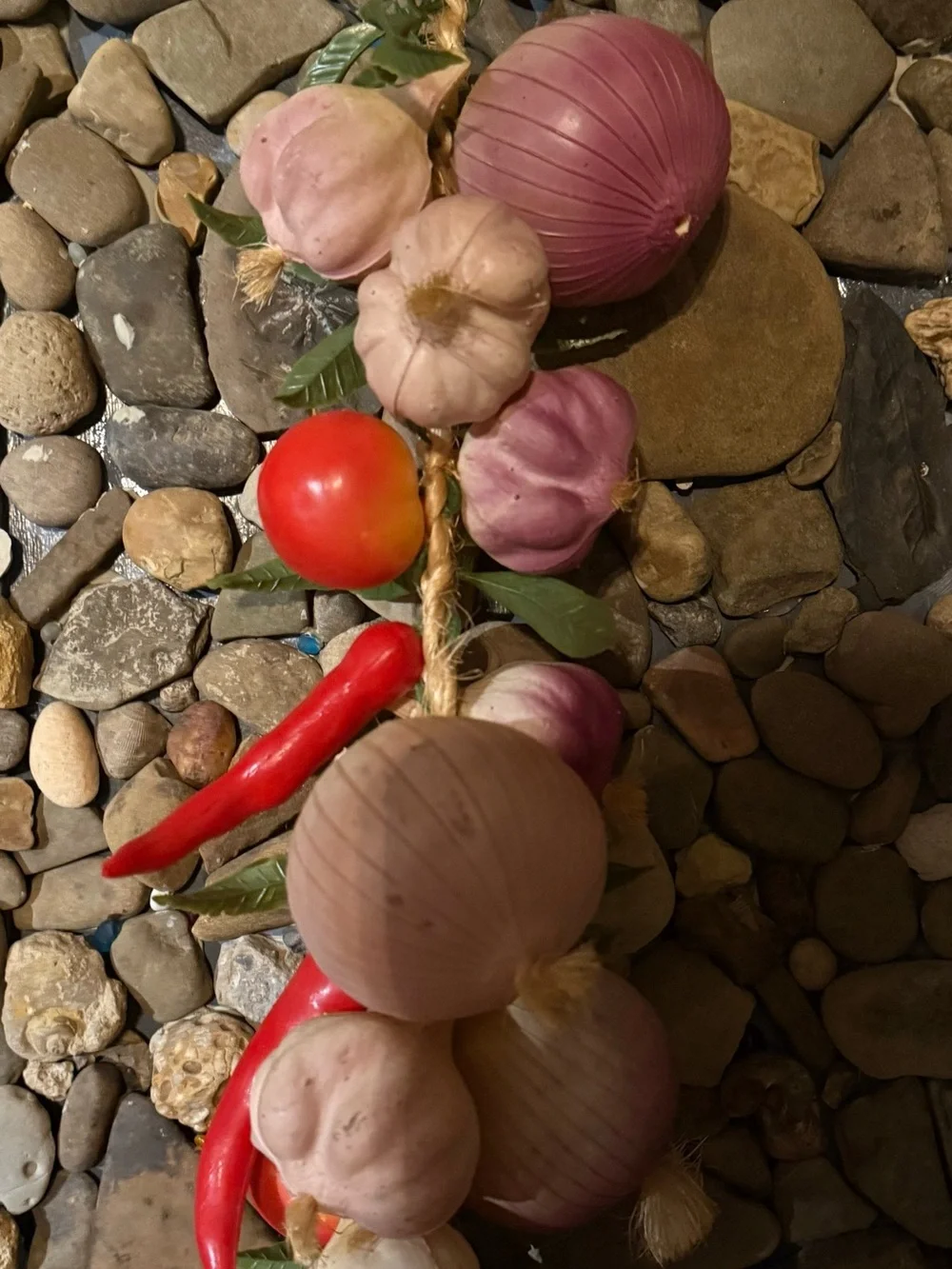 Vintage Funky 70'S Plastic Vegetable Hanging Decor Onions, Garlic, Peppers 21”