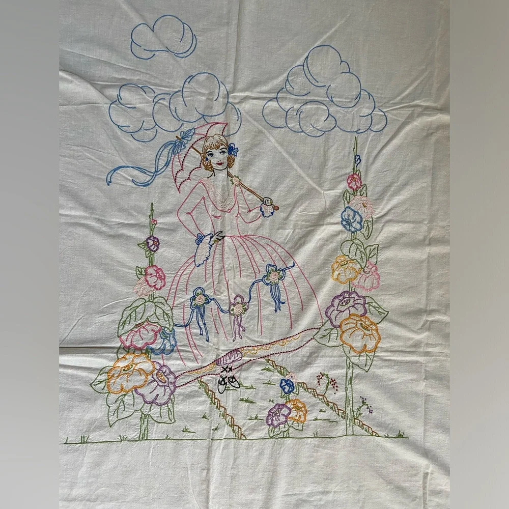 Embroidered BedSpread Tapestry Handmade Vintage Lady‎ with Flowers 74” x 85”