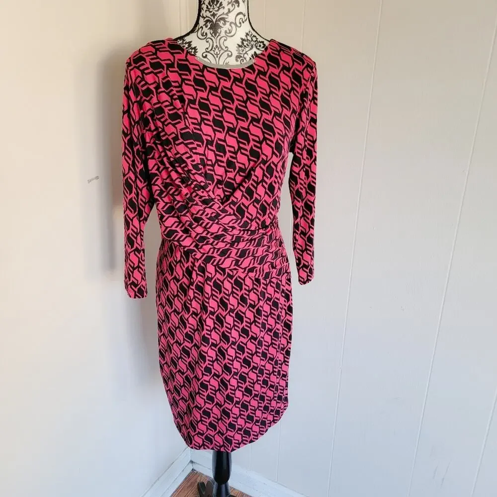 Michael Kors Pink and Black Geometric Long Sleeve Midi Dress