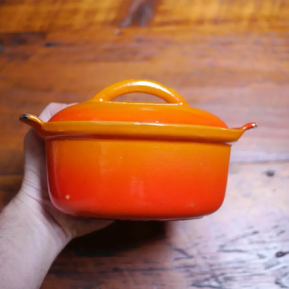 Vtg HUSQVARNA Flame Red Orange Enamel Cast Iron Small Dutch Oven Baking Dish
