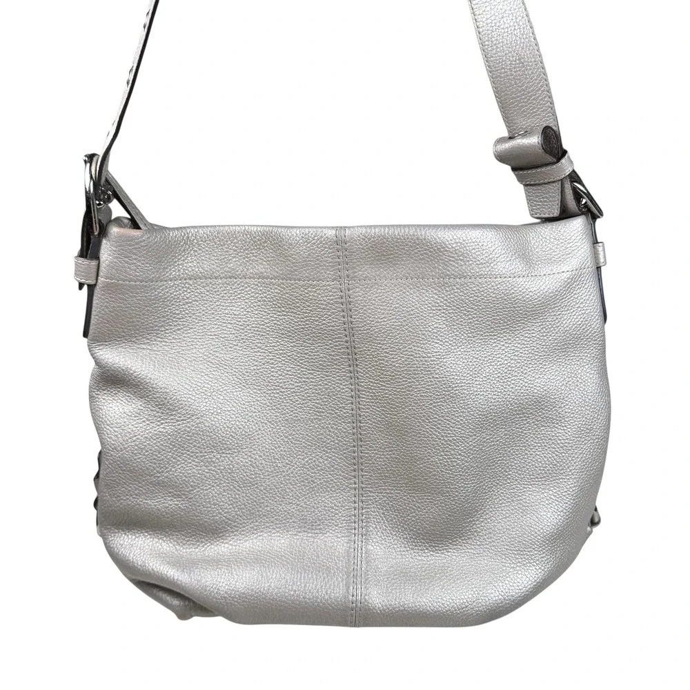 Coach Metallic Silver Peebled Leather Hobo Duffle Crossbody Shoulder‎ Bag F15064