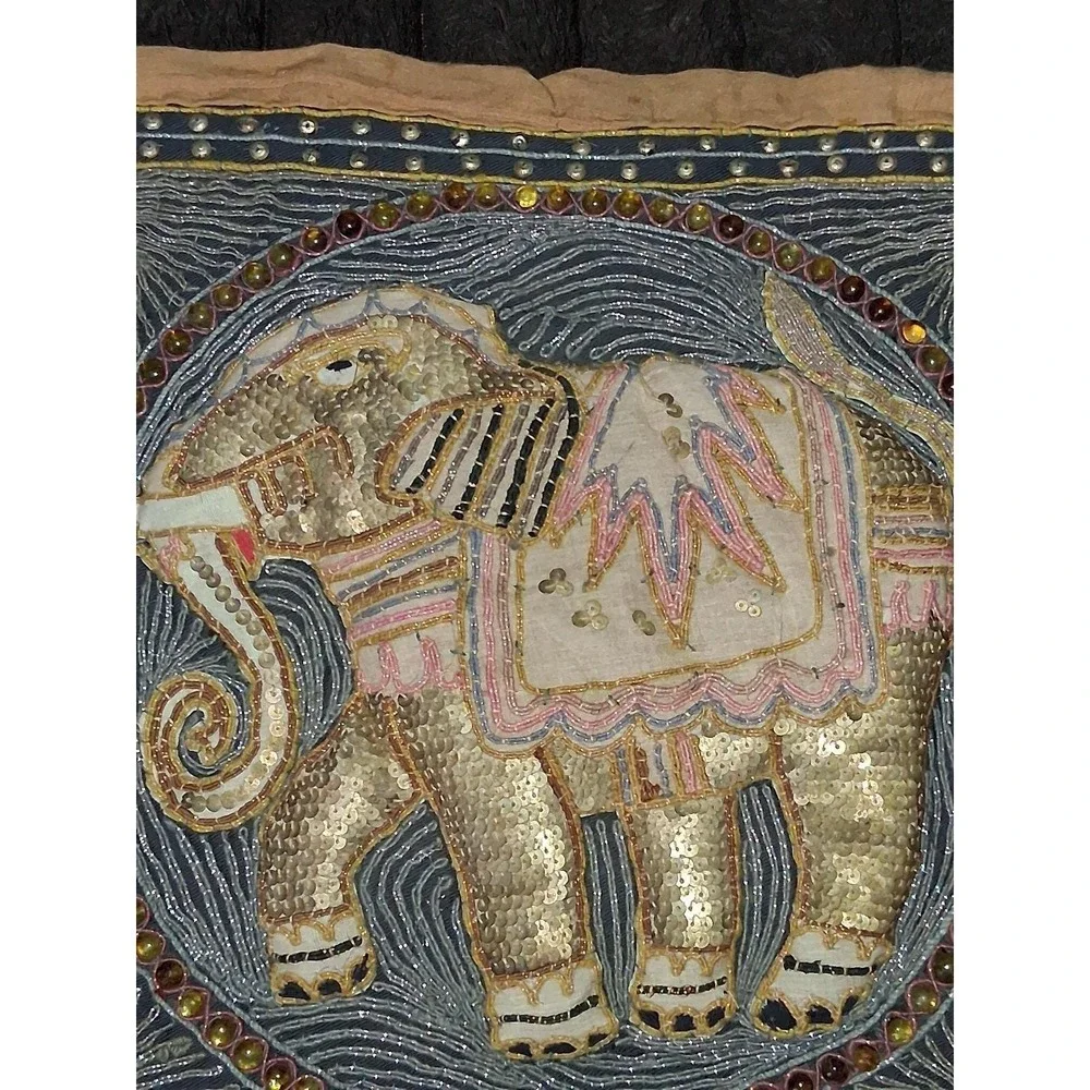 Vintage Handmade Thai Beaded Elephant Wall Hanging Textile 15