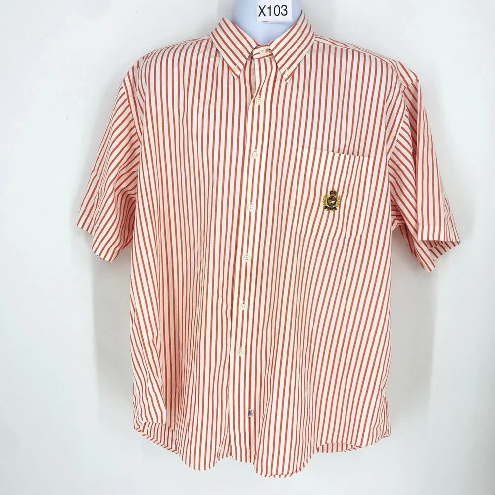 Vintage Polo Ralph Lauren Short Sleeve Red Pinstripe Button Up XL Crown Crest