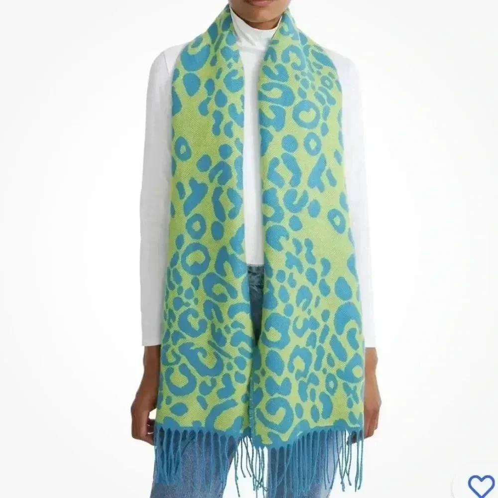 Steve Madden Reversible Leopard Print Scarf Green and Blue With Fringe