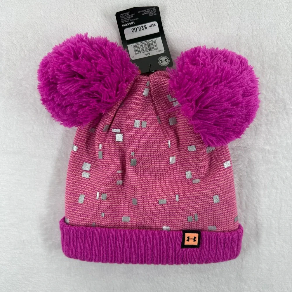 Under Armour ColdGear Girls Youth Fleece Lined Beanie‎ Hat Pink Gray