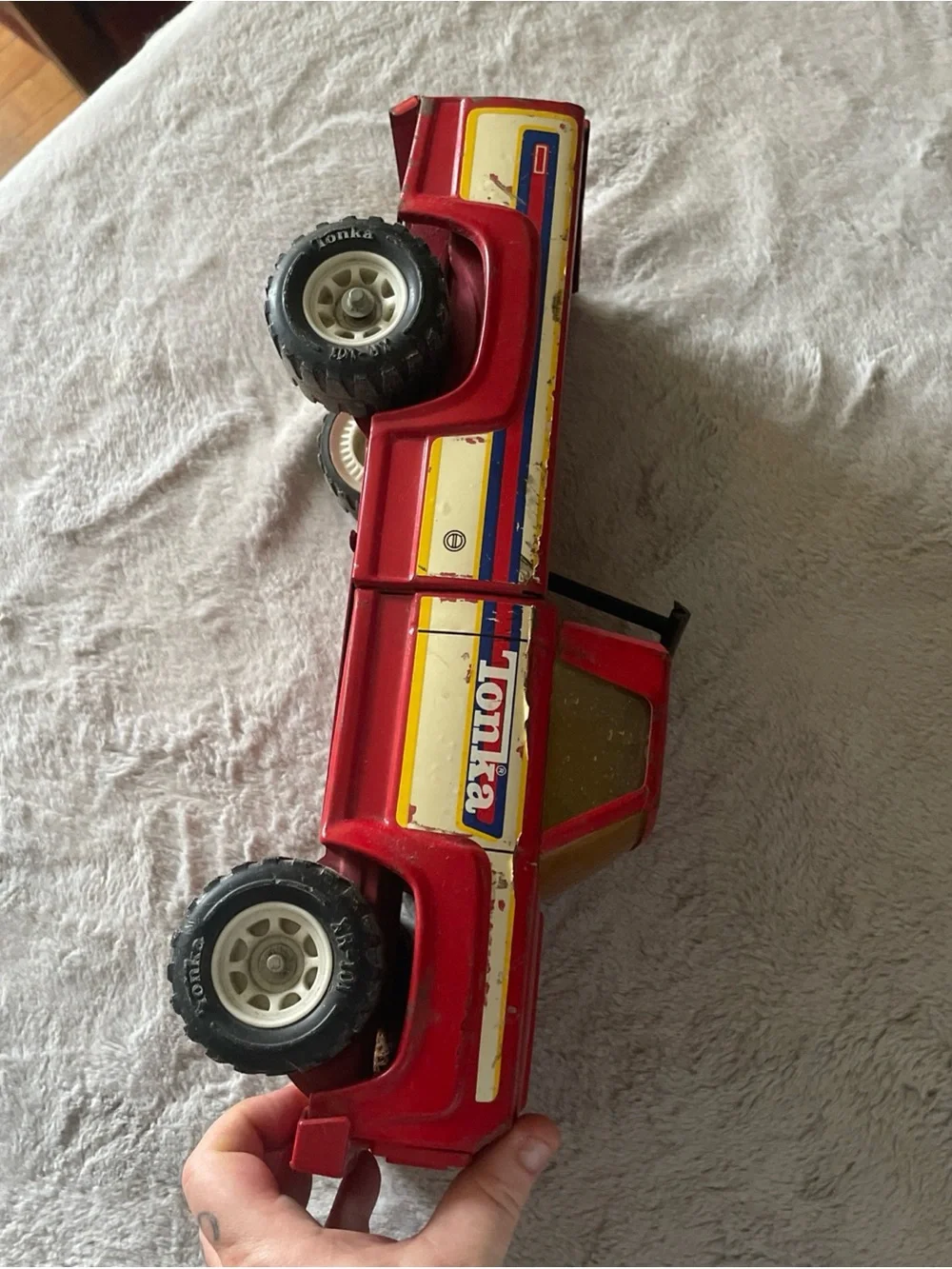 1970’s Tonka Red Pickup Truck with Yellow & Blue Stripe Accents