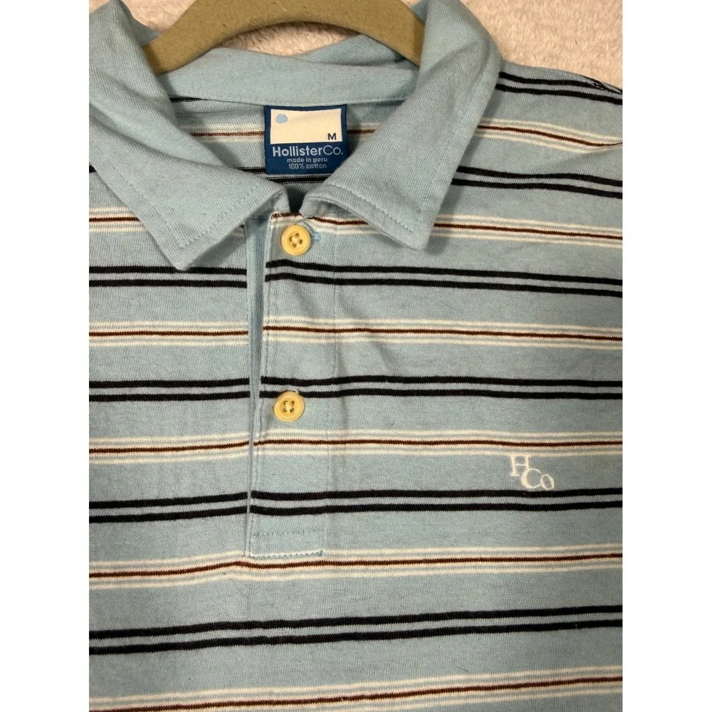 Hollister Polo Shirt Mens Medium Blue Striped Short Sleeve Cotton HCo Logo