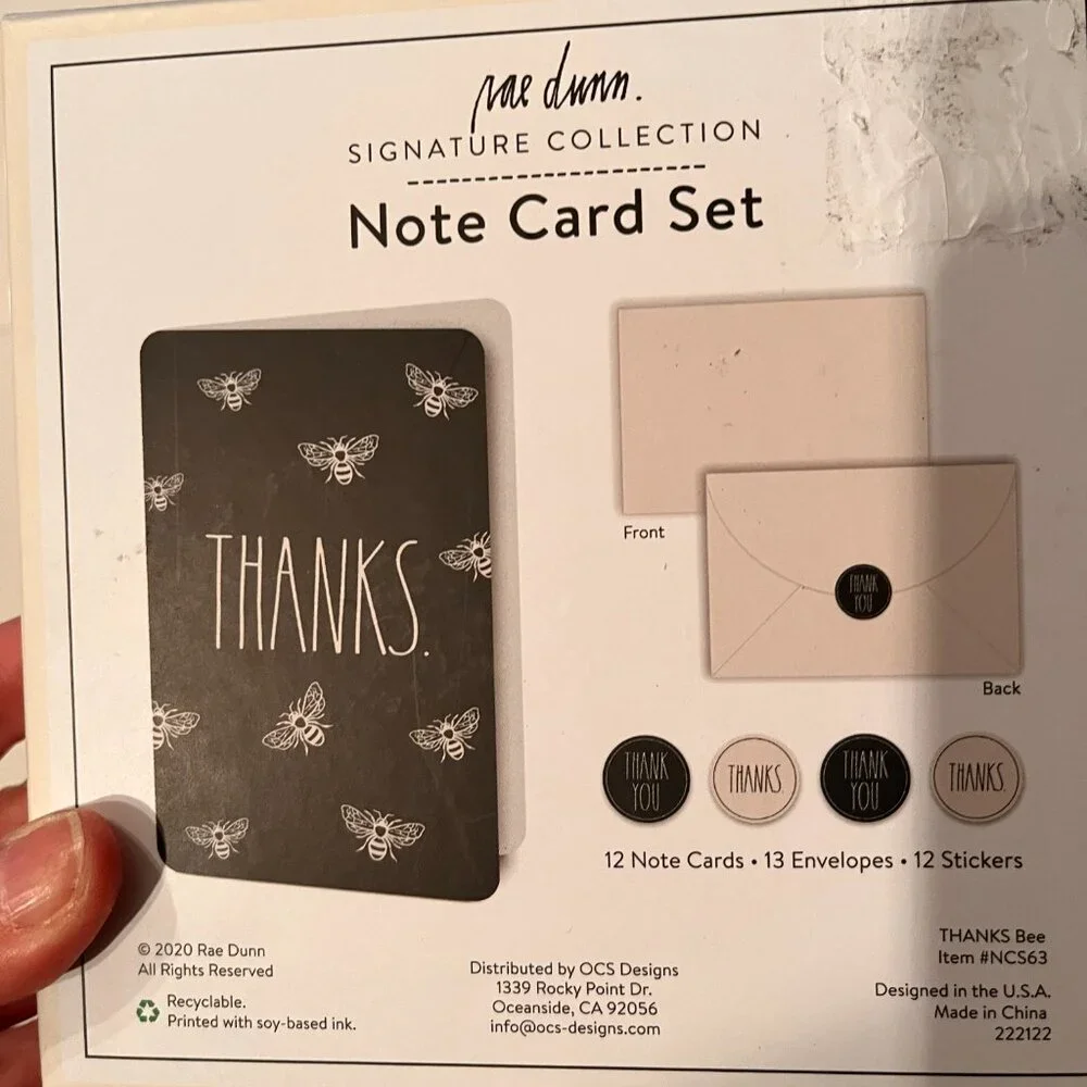 Thank You Cards with Bees by Rae Dunn (Note Card Set and‎ Stickers - new)