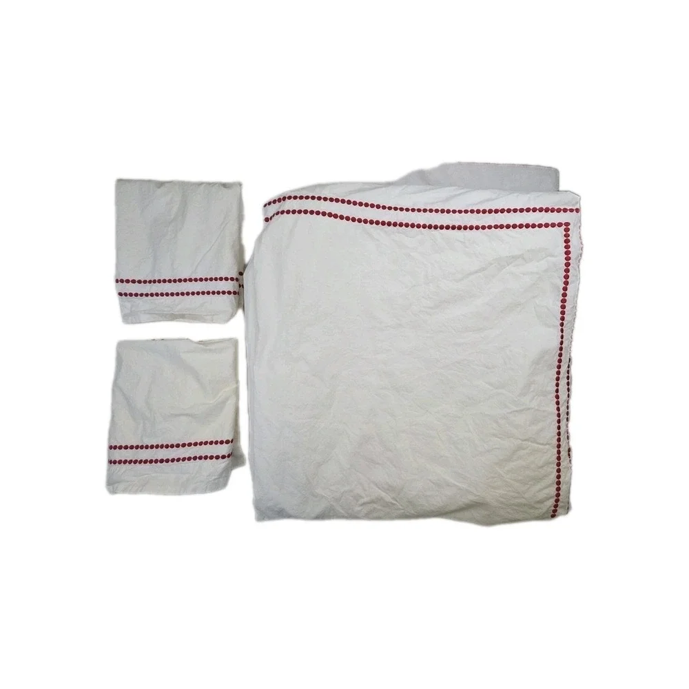 POTTERY BARN Pearl Dot Red Embroidered Full/Queen Size Duvet Cover + 2 Shams Set