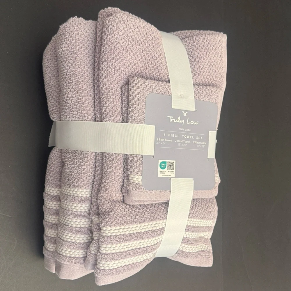 6pc TRULY LOU 100% Cotton Bath Towel Set - Lavender/White