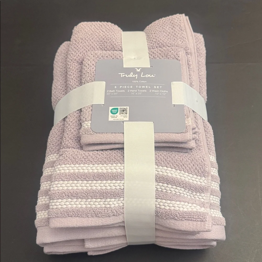6pc TRULY LOU 100% Cotton Bath Towel Set - Lavender/White