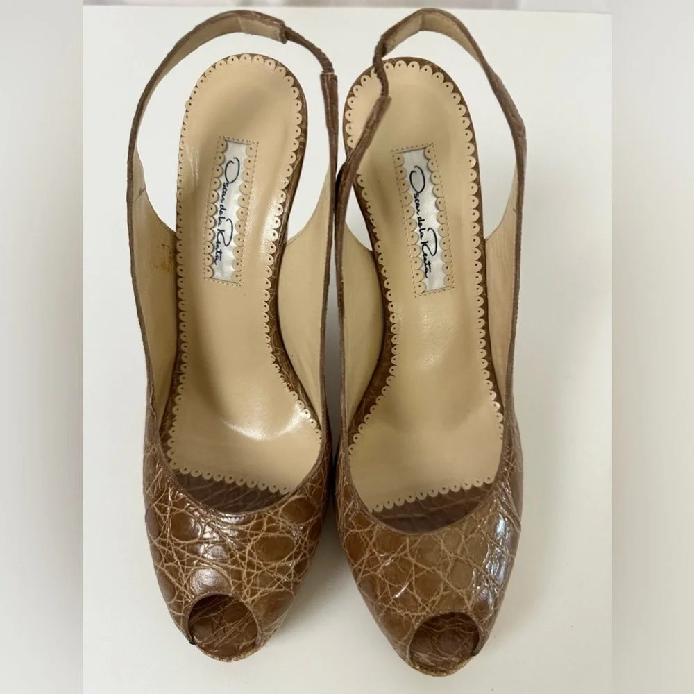Oscar de la Renta Genuine Crocodile Peep Toe Platform Sandals Sz 7.5