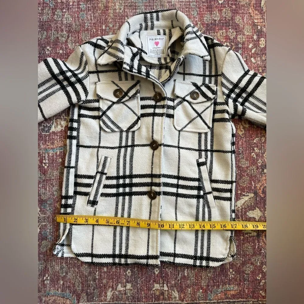 8-9 Primark Stylish Girls Plaid Button up Jacket - Black and White with pockets