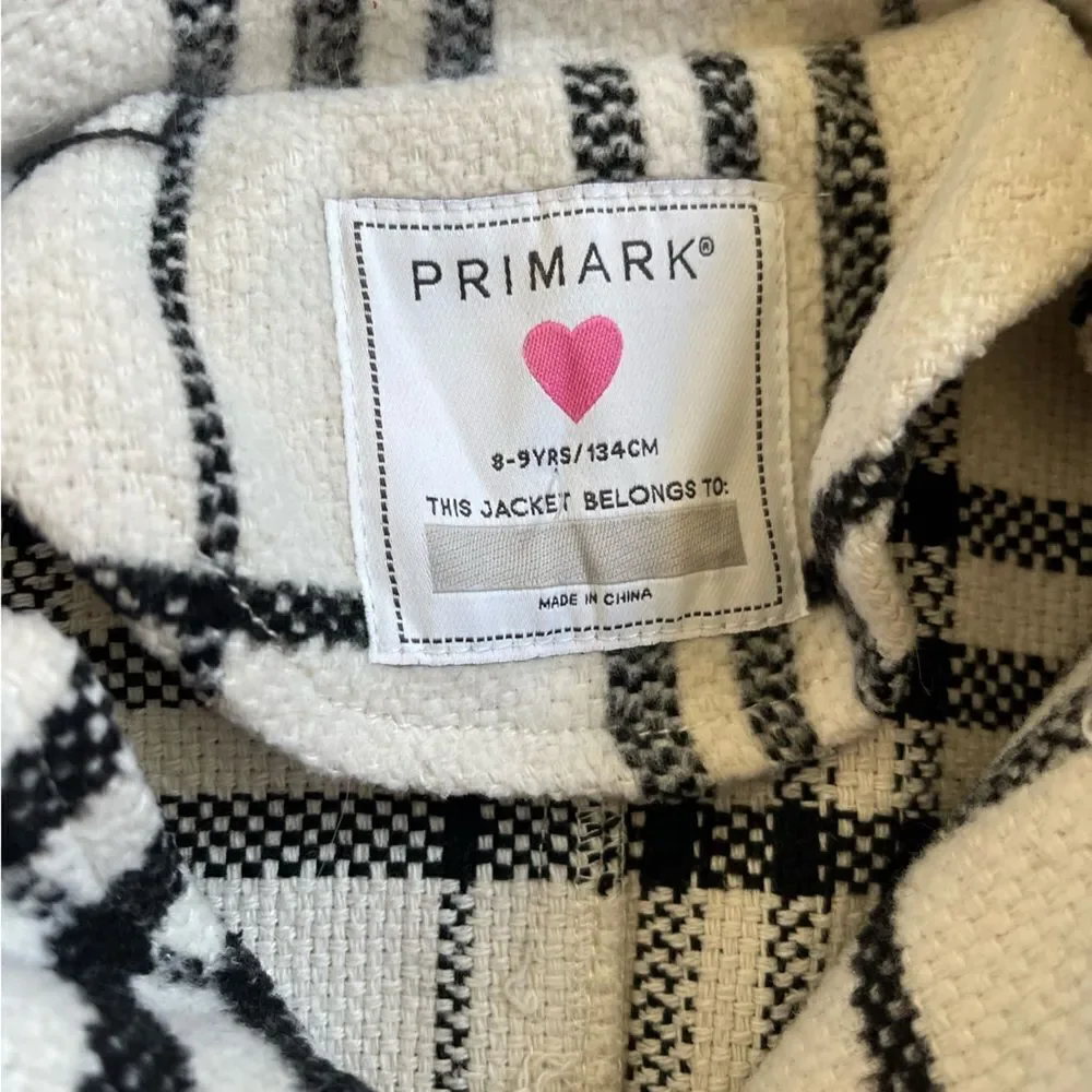 8-9 Primark Stylish Girls Plaid Button up Jacket - Black and White with pockets