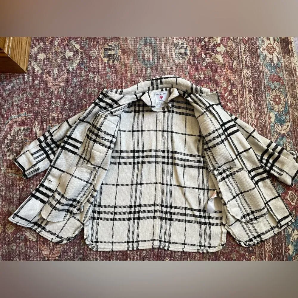 8-9 Primark Stylish Girls Plaid Button up Jacket - Black and White with pockets