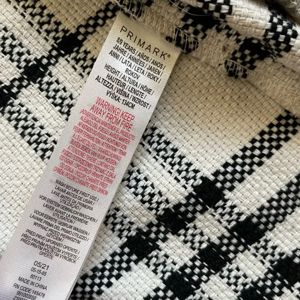 8-9 Primark Stylish Girls Plaid Button up Jacket - Black and White with pockets