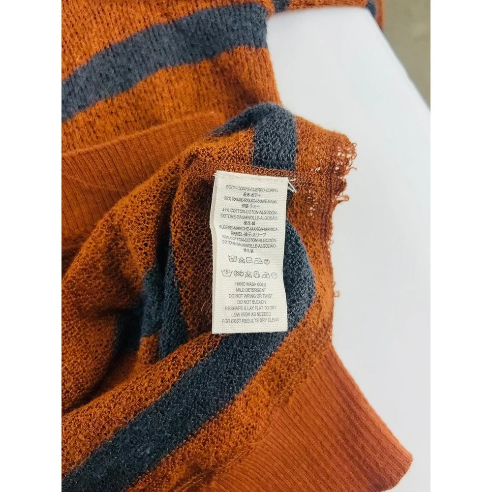 Free People We The Free Striped V-Neck Sweater Rust Brown Grey XS Open Knit Boho