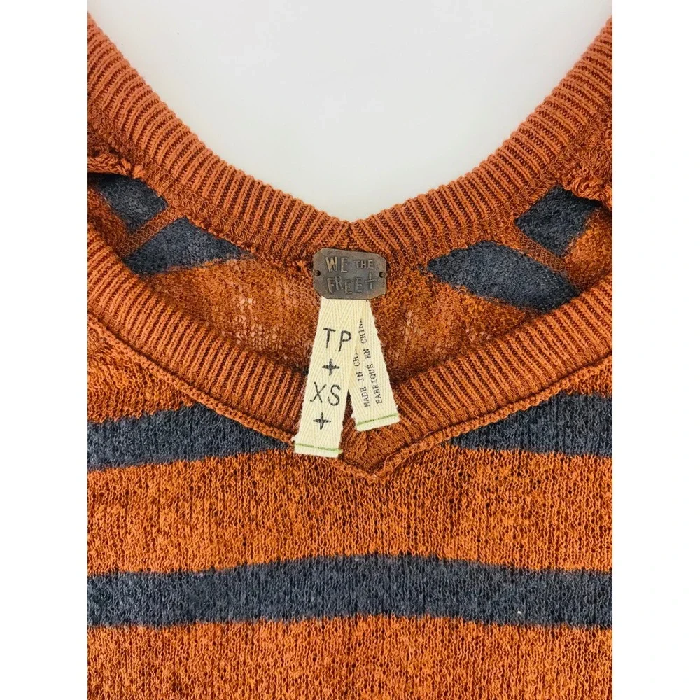 Free People We The Free Striped V-Neck Sweater Rust Brown Grey XS Open Knit Boho