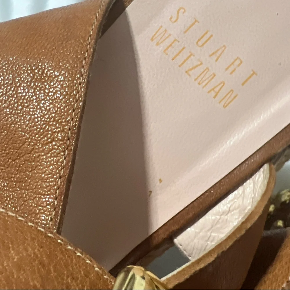 Stuart Weitzman Tan Studded Espadrille Wedge Sandals