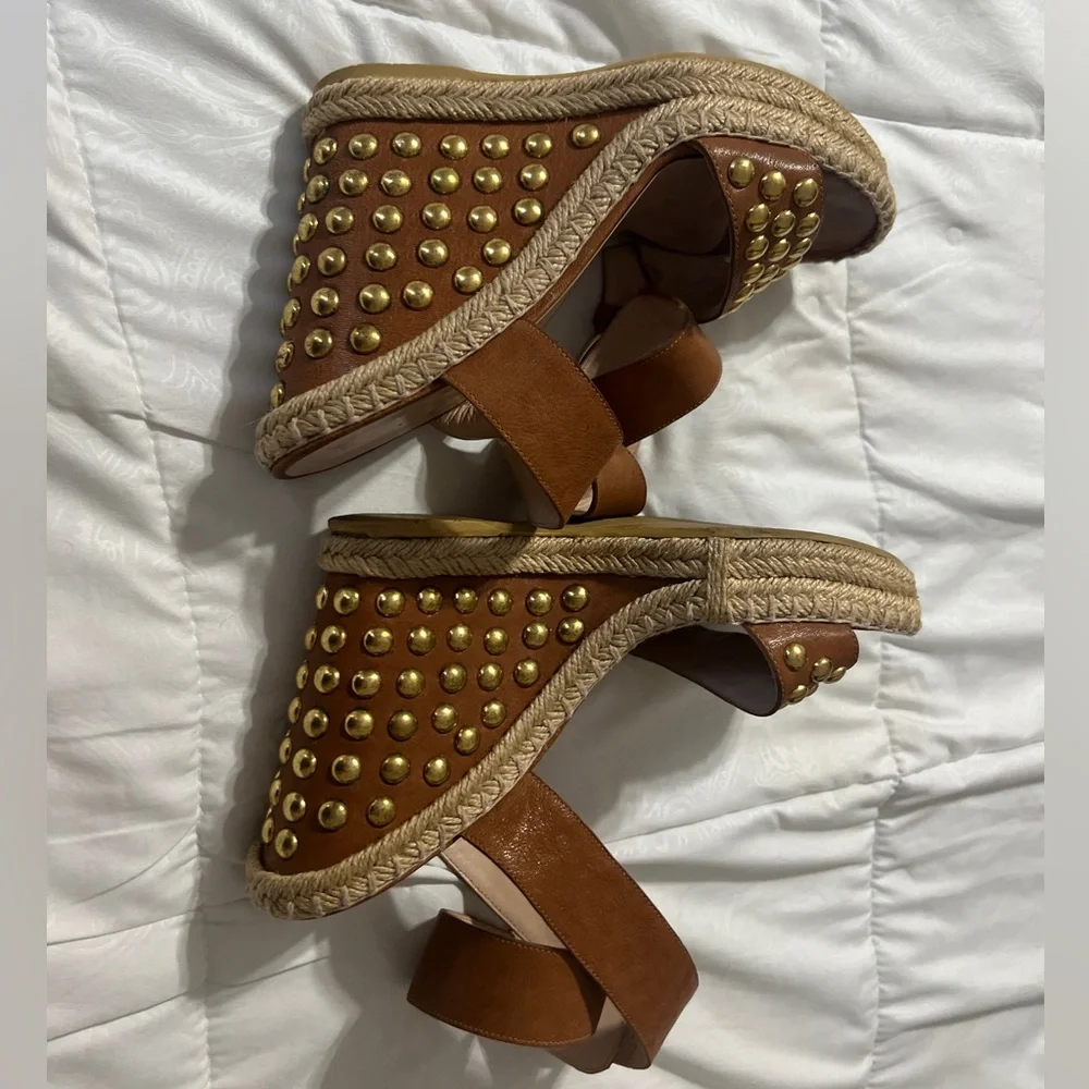 Stuart Weitzman Tan Studded Espadrille Wedge Sandals