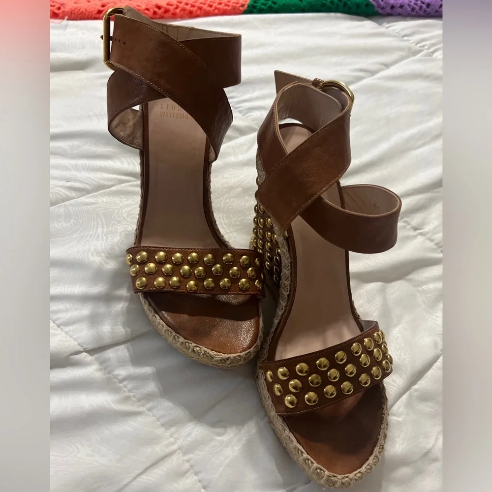 Stuart Weitzman Tan Studded Espadrille Wedge Sandals